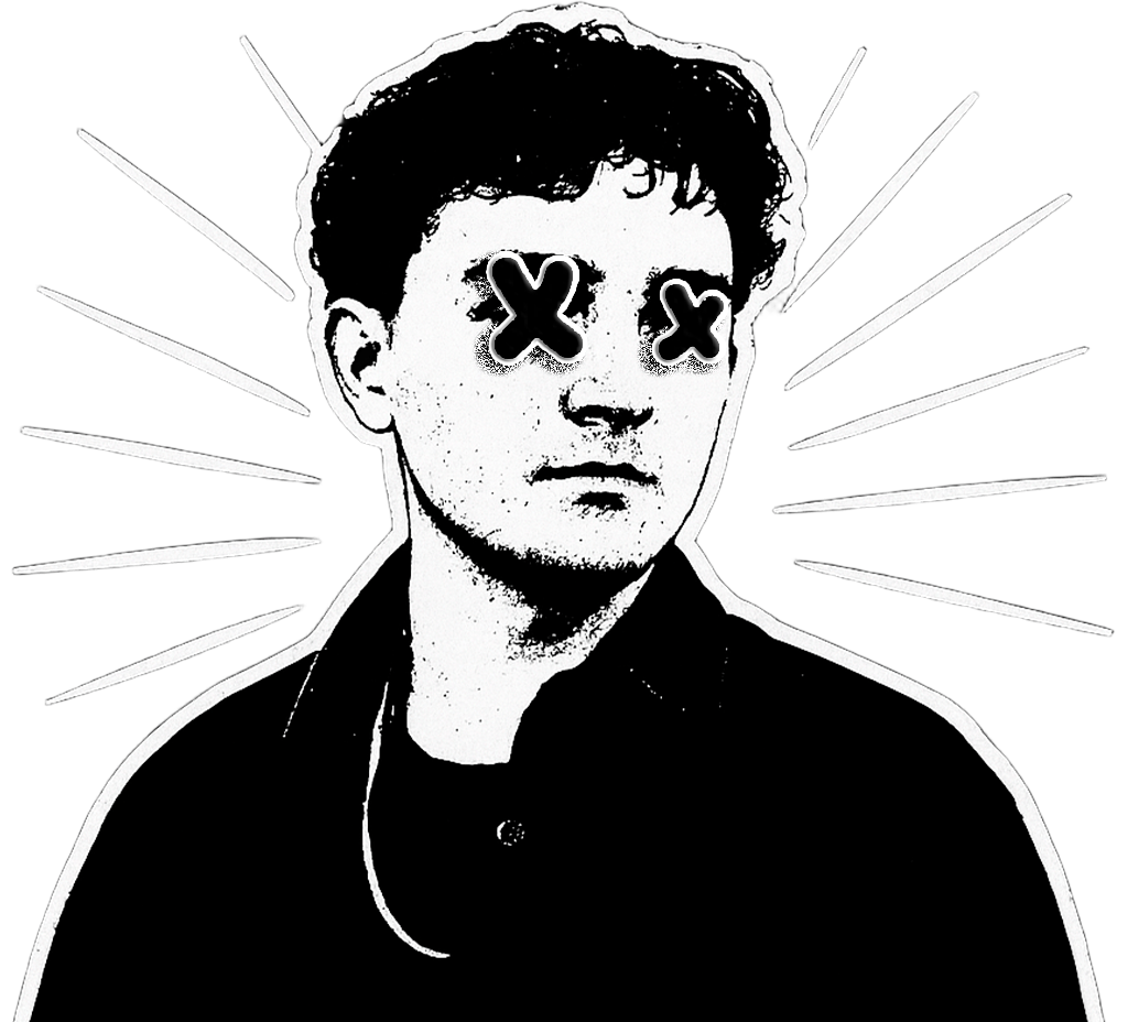 Illustrated black and white portrait of Lucalix with X marks over his eyes